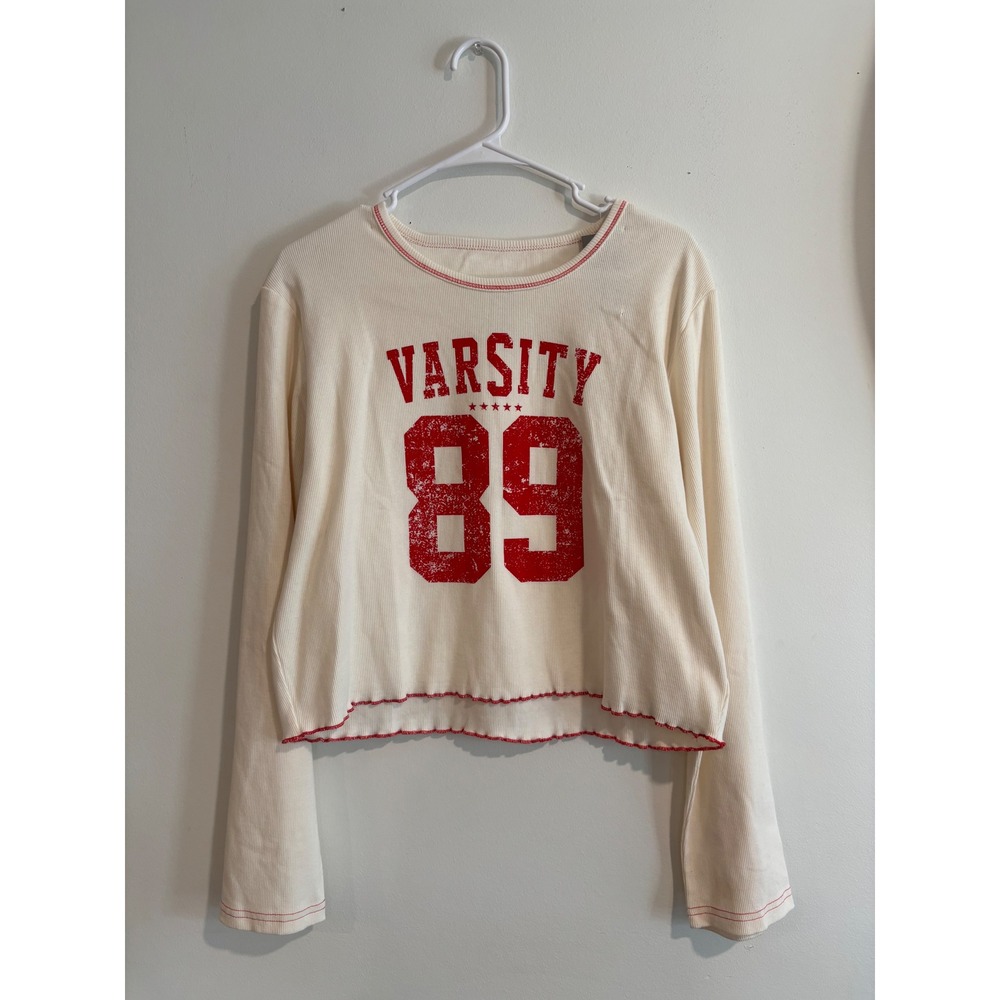 Modern Lux Varsity 89 Graphic Ribbed Top Womens 2X Cream Lettuce Edge Trim